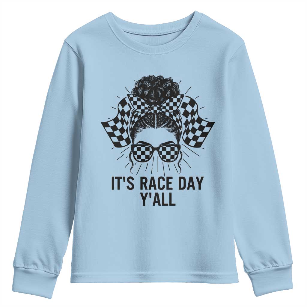 Racing Car Checkered Flag Youth Sweatshirt Messy Bun Woman Race Day - Wonder Print Shop