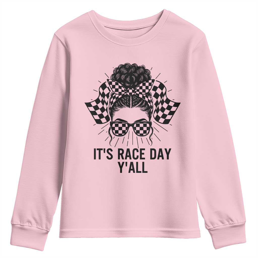 Racing Car Checkered Flag Youth Sweatshirt Messy Bun Woman Race Day - Wonder Print Shop
