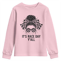 Racing Car Checkered Flag Youth Sweatshirt Messy Bun Woman Race Day - Wonder Print Shop