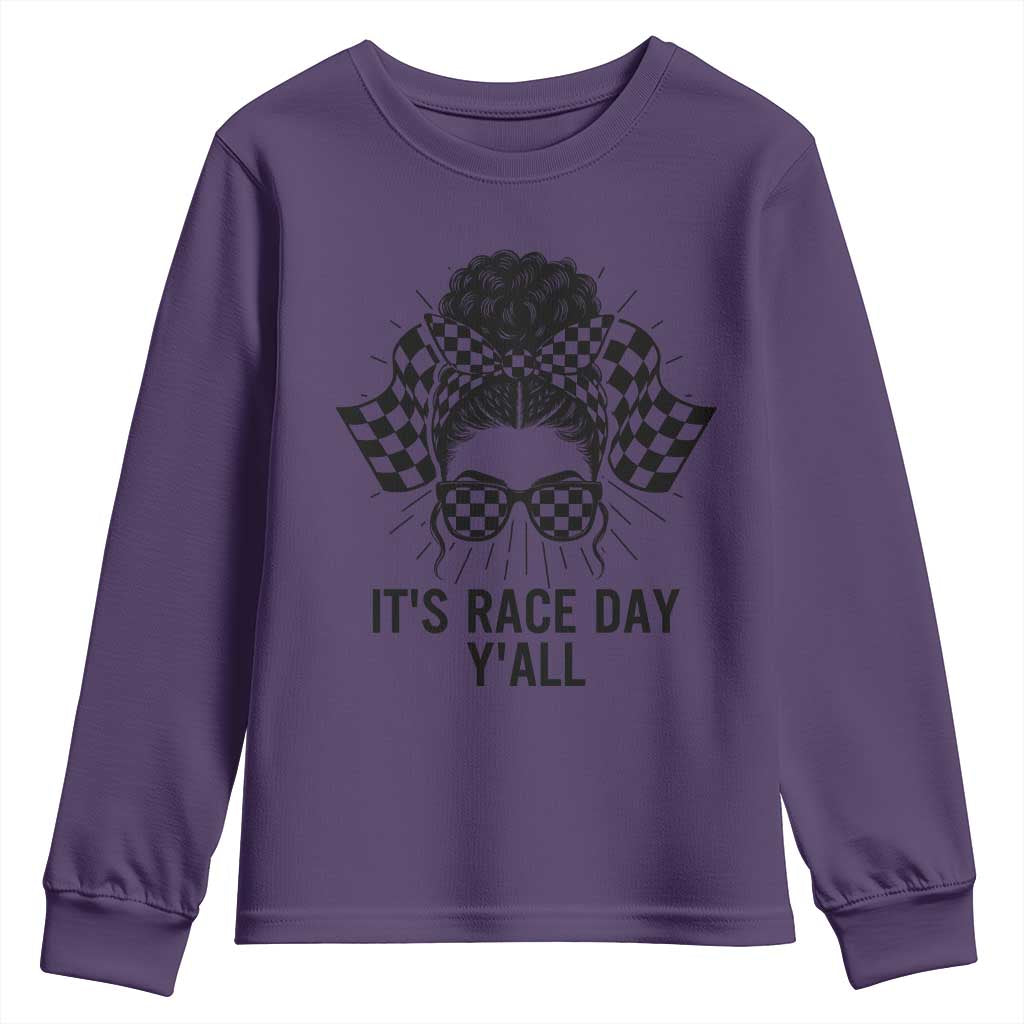 Racing Car Checkered Flag Youth Sweatshirt Messy Bun Woman Race Day - Wonder Print Shop