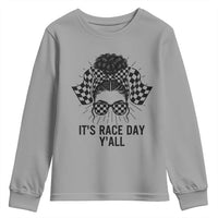 Racing Car Checkered Flag Youth Sweatshirt Messy Bun Woman Race Day - Wonder Print Shop