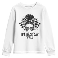 Racing Car Checkered Flag Youth Sweatshirt Messy Bun Woman Race Day - Wonder Print Shop