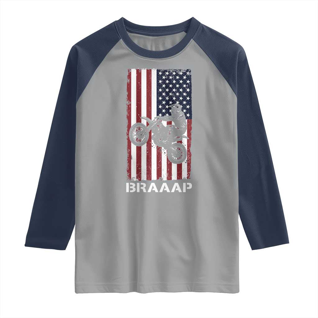 Dirt Bike Raglan Shirt Braaap American Flag Motocross - Wonder Print Shop