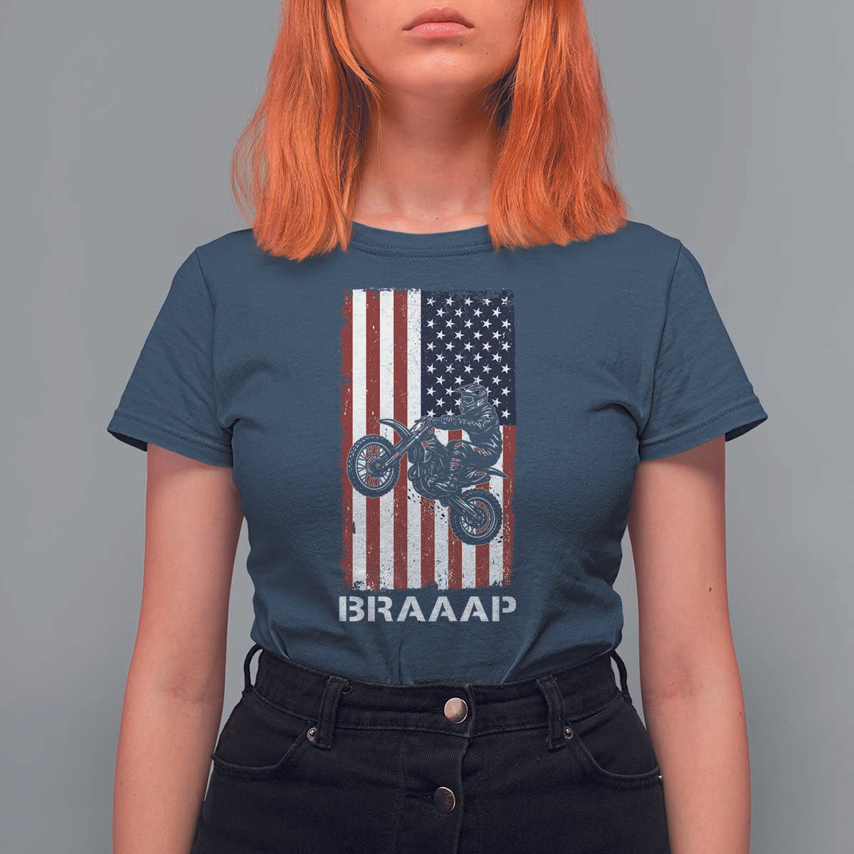 Dirt Bike T Shirt For Women Braaap American Flag Motocross - Wonder Print Shop