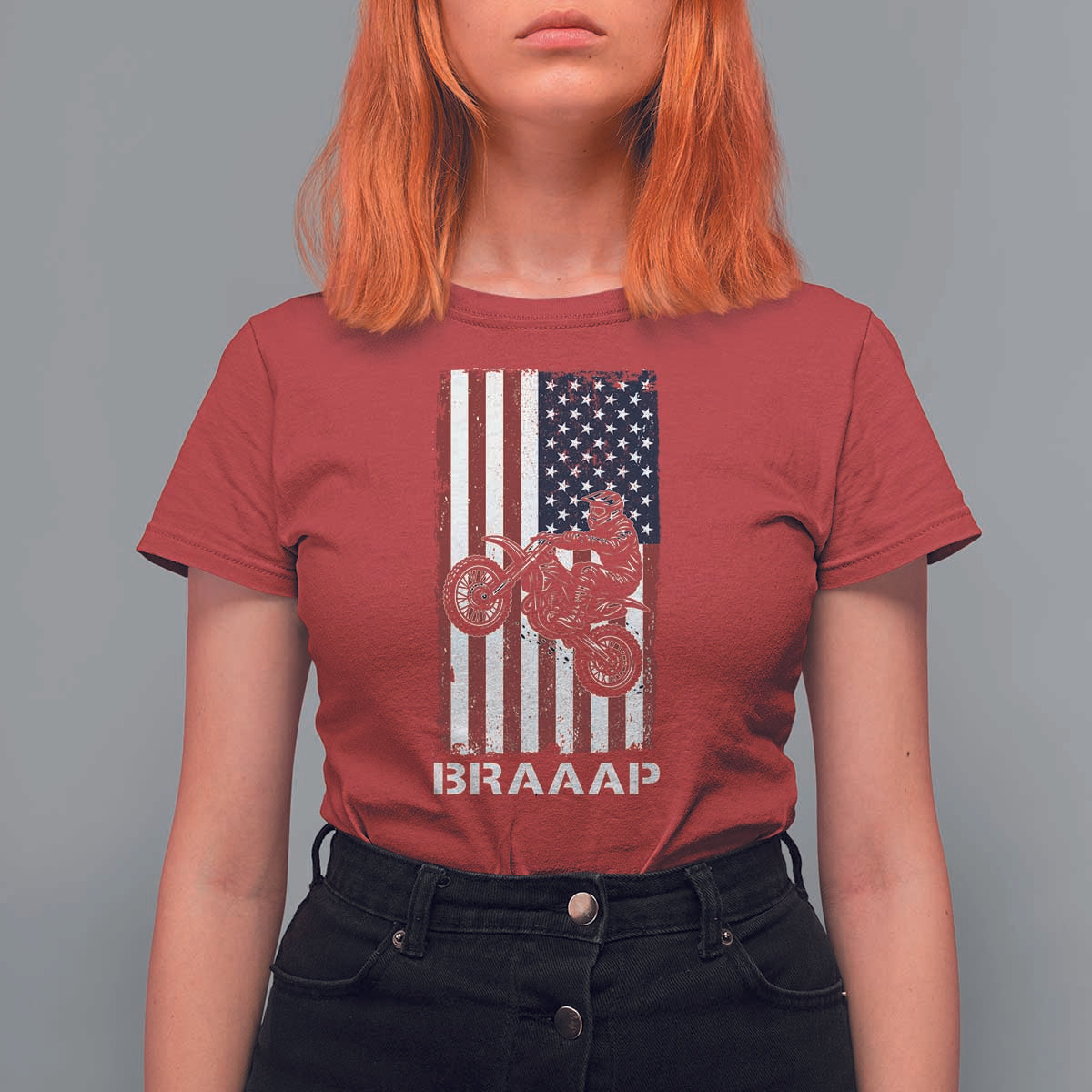 Dirt Bike T Shirt For Women Braaap American Flag Motocross - Wonder Print Shop