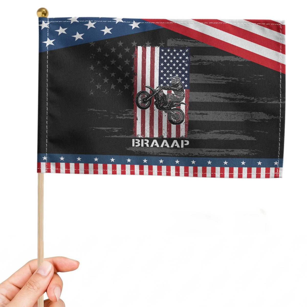 Braaap Dirt Bike USA American Flag Patriotic Handheld Flag Motocross Biker Men