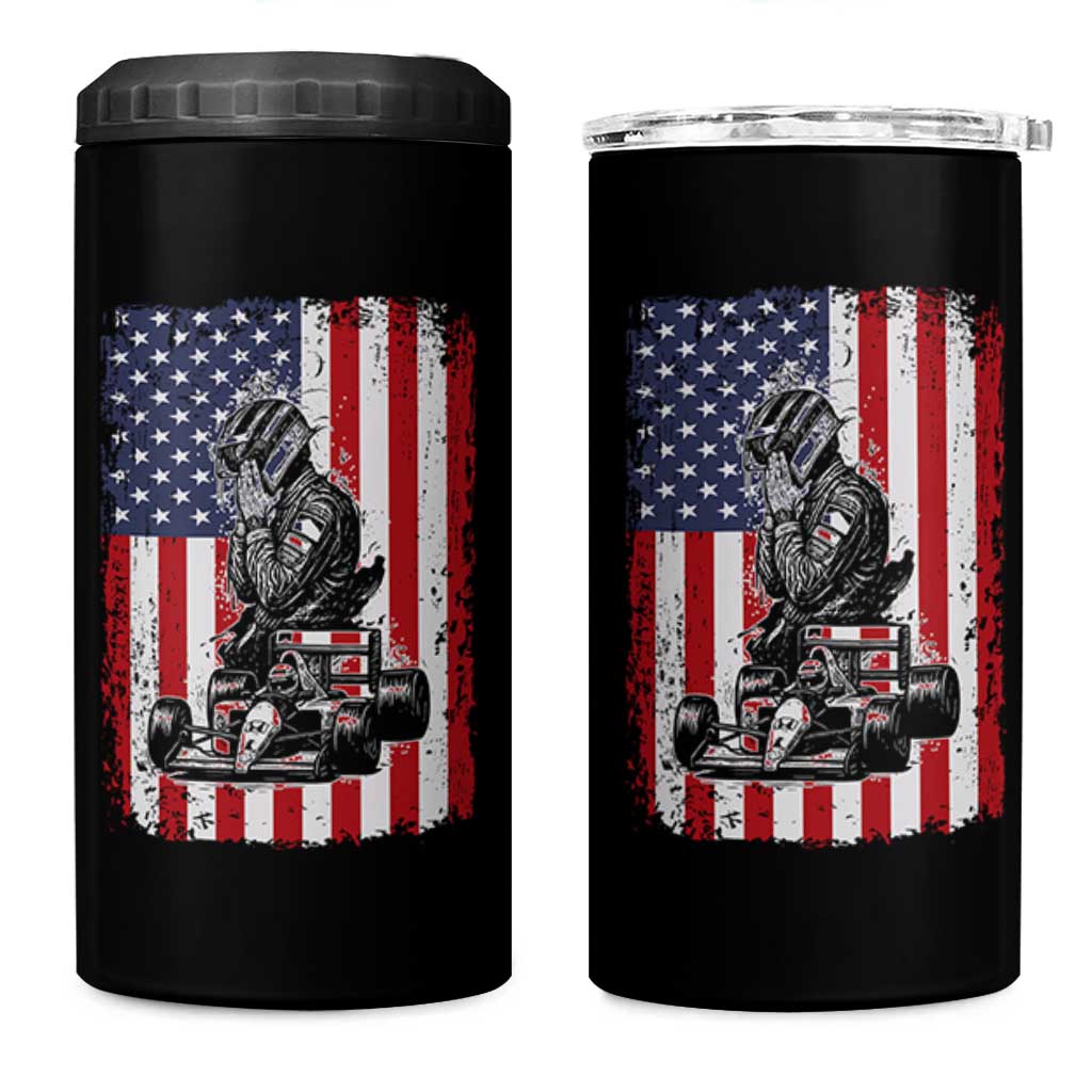Patriotic Racing Car American Flag Race 4 in 1 Can Cooler Tumbler