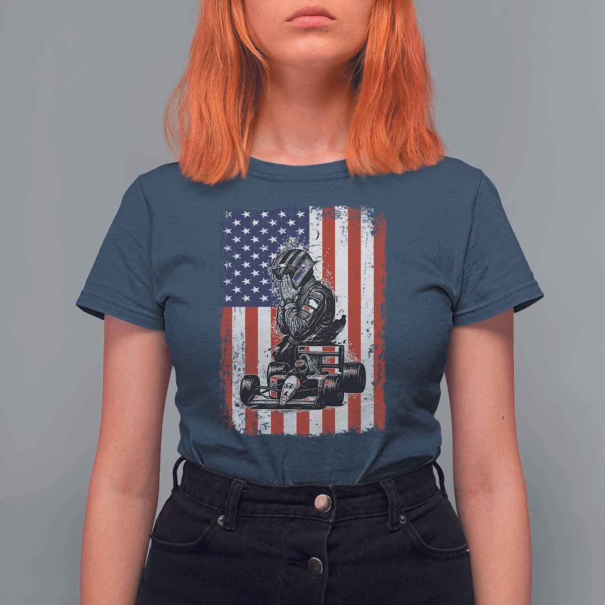 Patriotic Racing Car American Flag Race T Shirt For Women - Wonder Print Shop