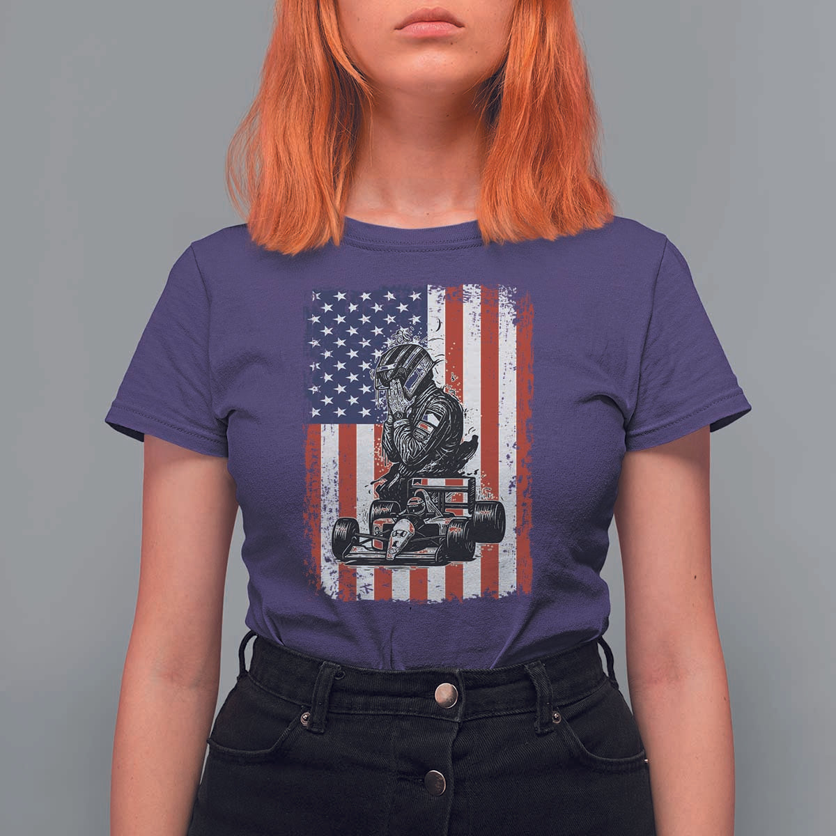 Patriotic Racing Car American Flag Race T Shirt For Women - Wonder Print Shop