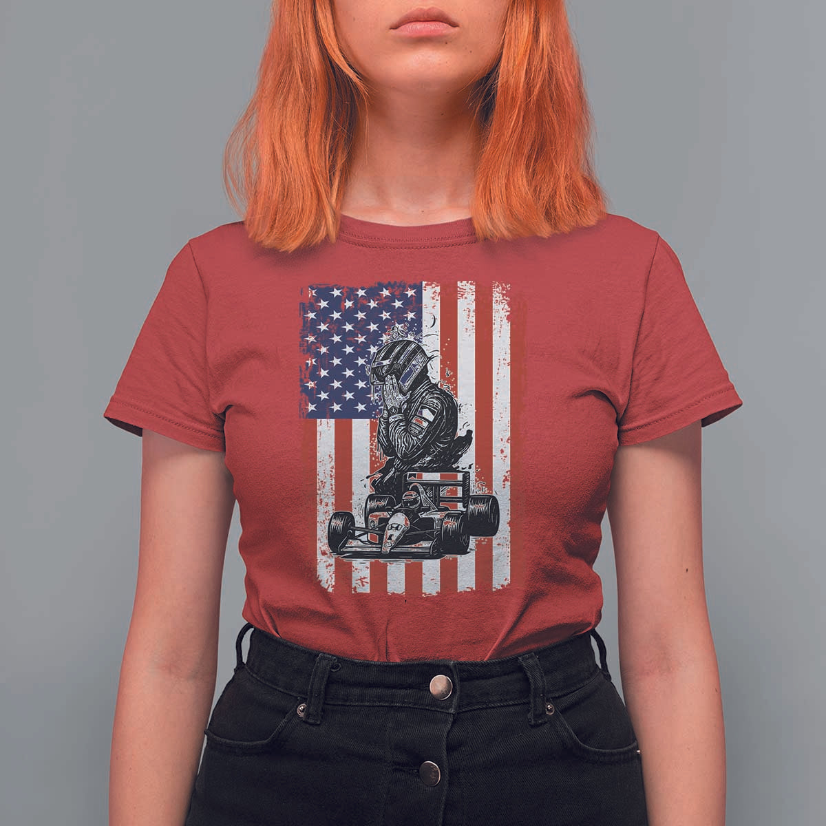 Patriotic Racing Car American Flag Race T Shirt For Women - Wonder Print Shop