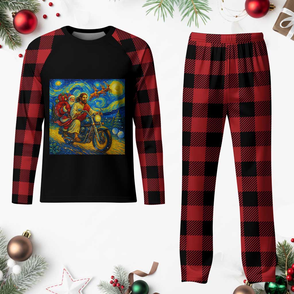 Dirt Bike Motocross Plaid Pajama Set Jesus Santa Christmas Starry Night - Wonder Print Shop