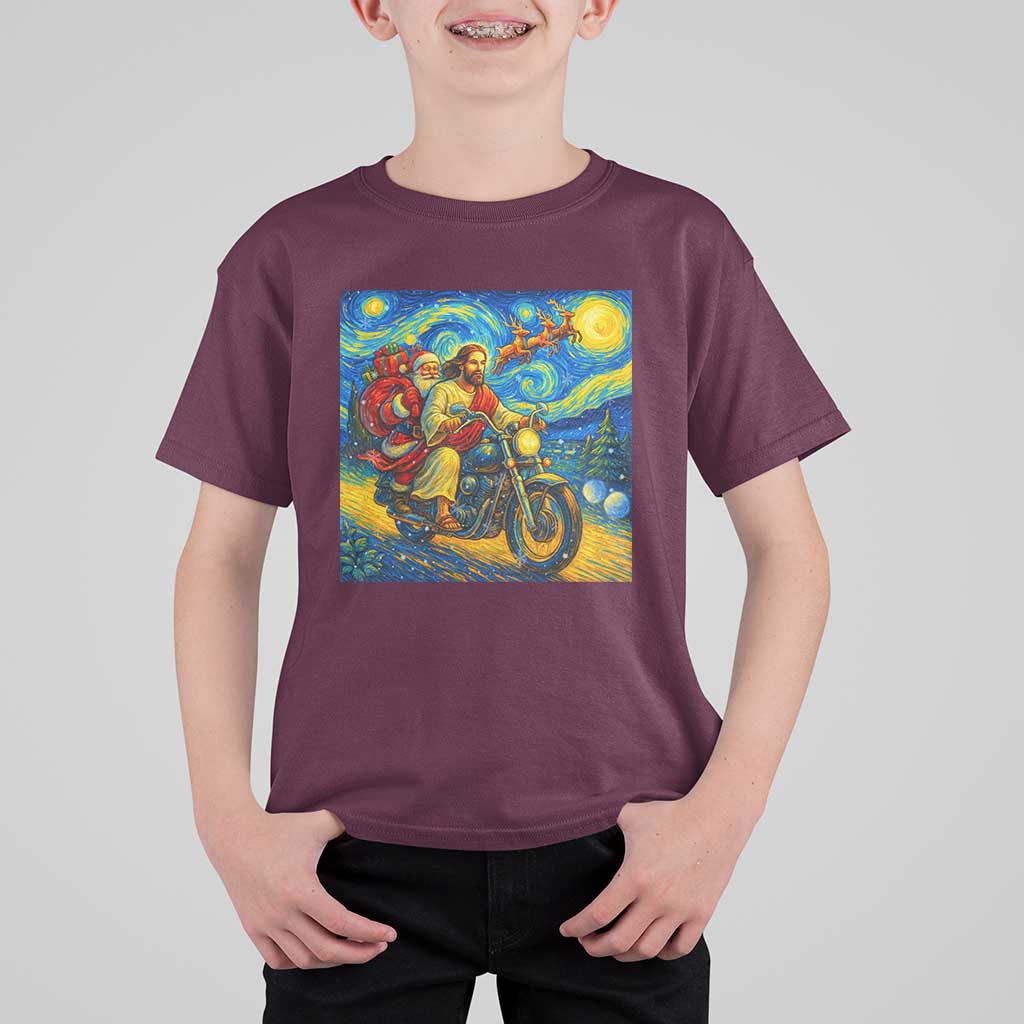 Dirt Bike Motocross T Shirt For Kid Jesus Santa Christmas Starry Night - Wonder Print Shop