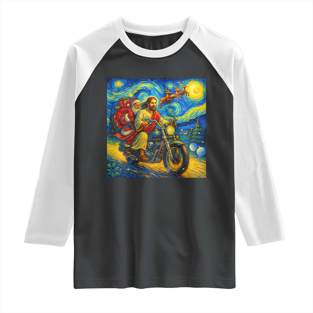 Dirt Bike Motocross Raglan Shirt Jesus Santa Christmas Starry Night - Wonder Print Shop