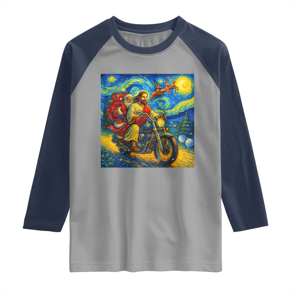 Dirt Bike Motocross Raglan Shirt Jesus Santa Christmas Starry Night - Wonder Print Shop
