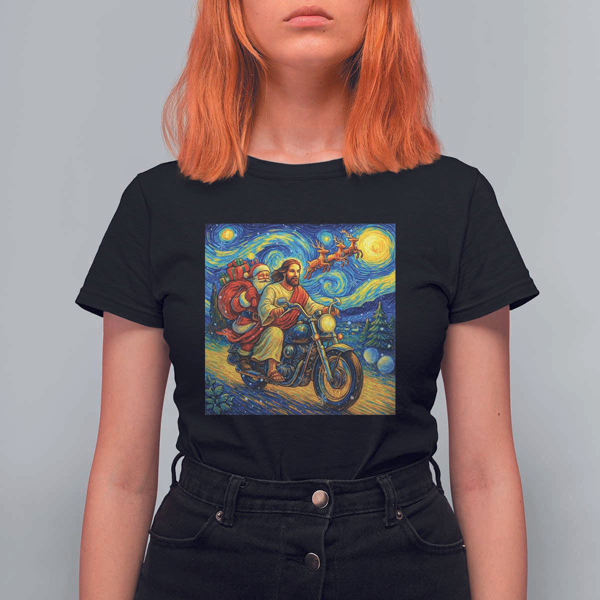 Dirt Bike Motocross T Shirt For Women Jesus Santa Christmas Starry Night - Wonder Print Shop
