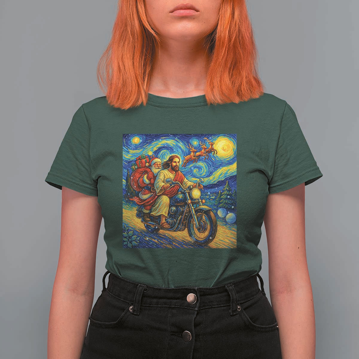 Dirt Bike Motocross T Shirt For Women Jesus Santa Christmas Starry Night - Wonder Print Shop