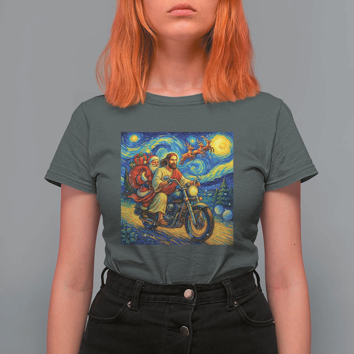 Dirt Bike Motocross T Shirt For Women Jesus Santa Christmas Starry Night - Wonder Print Shop