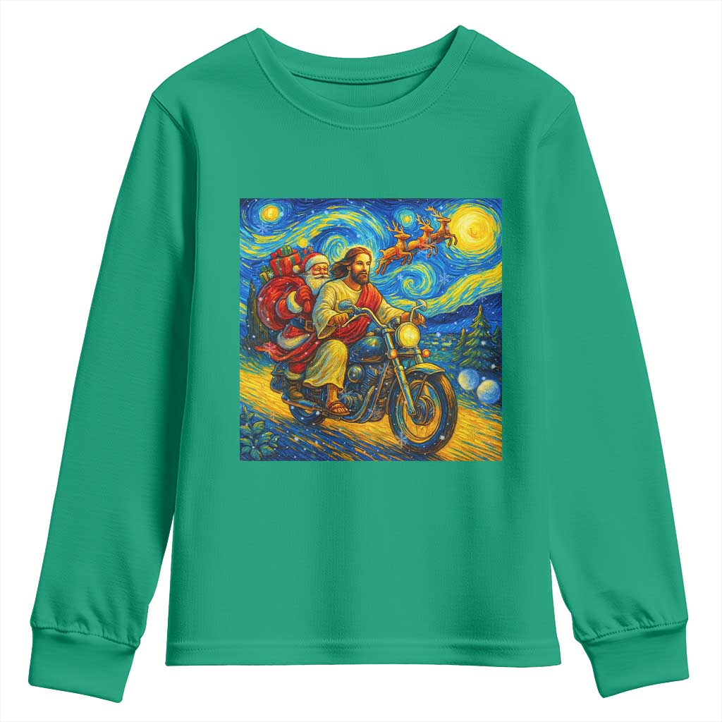 Dirt Bike Motocross Youth Sweatshirt Jesus Santa Christmas Starry Night - Wonder Print Shop