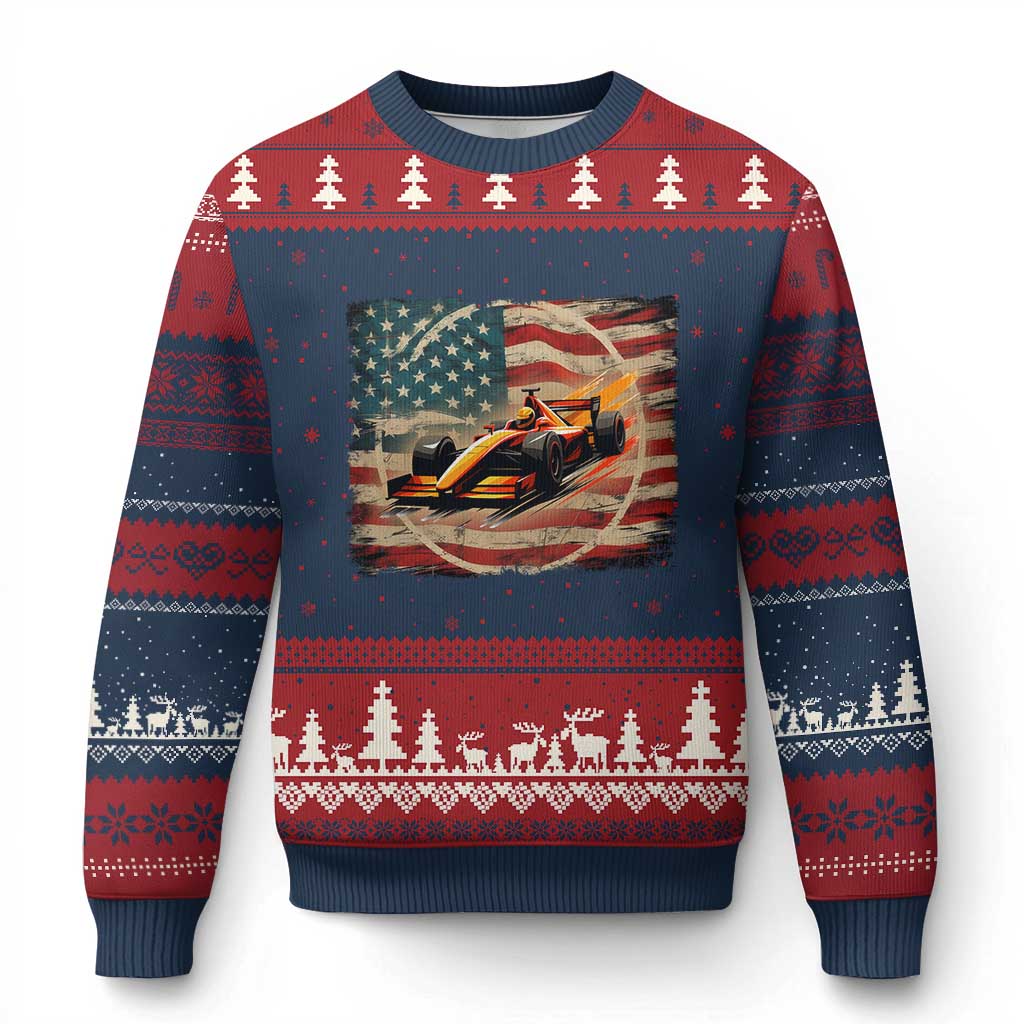 Racing Car Ugly Christmas Sweater Patriotic American Flag Race - Wonder Print Shop