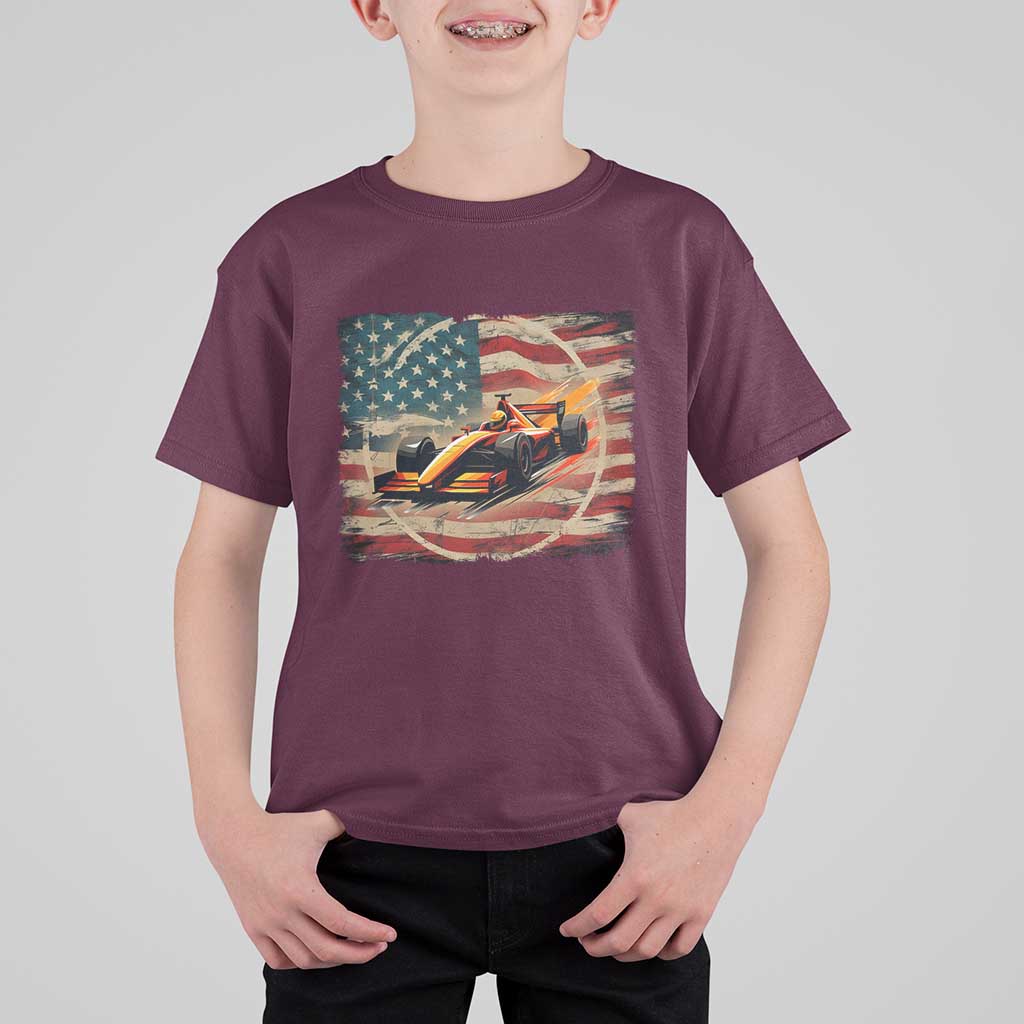 Racing Car T Shirt For Kid Patriotic American Flag Race - Wonder Print Shop