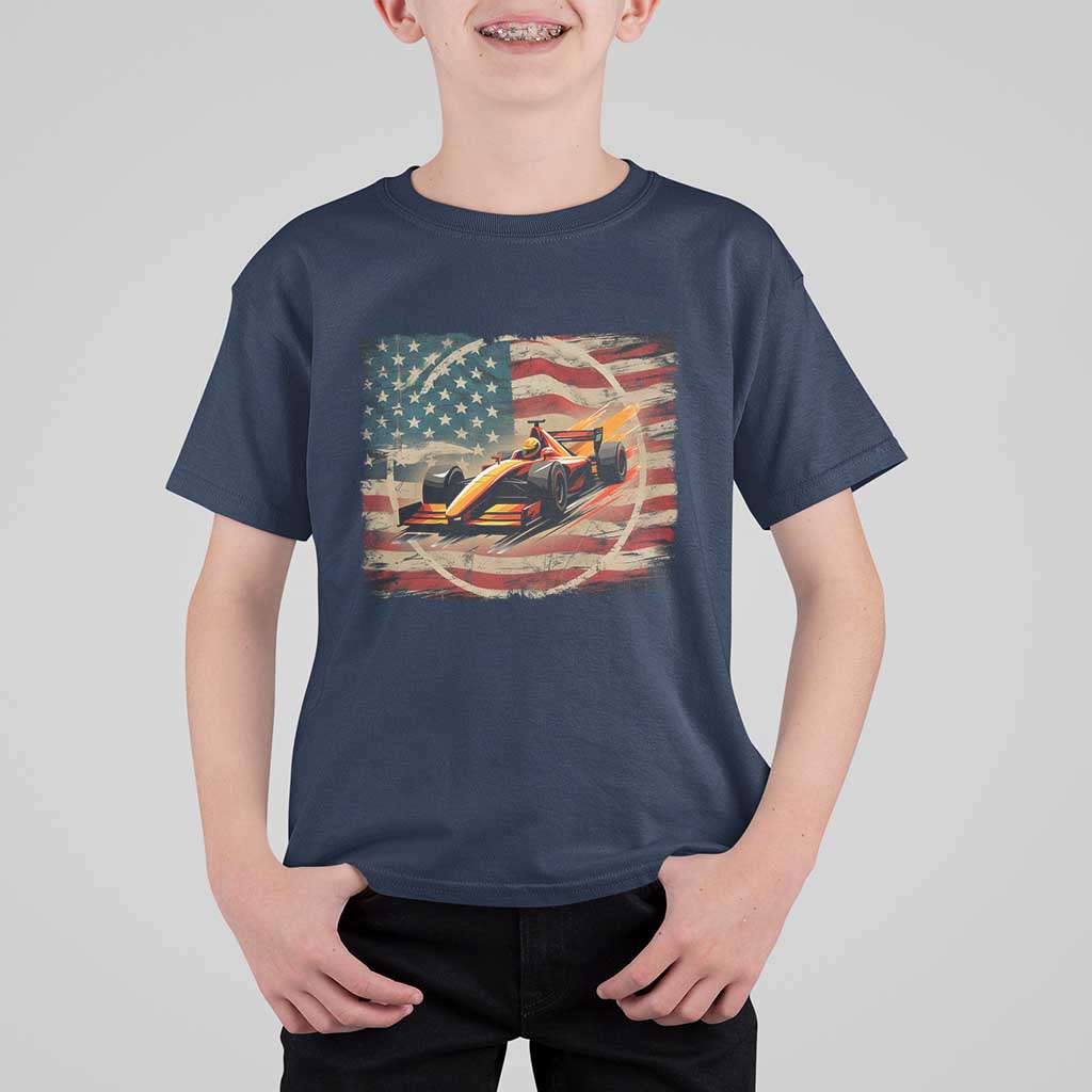 Racing Car T Shirt For Kid Patriotic American Flag Race - Wonder Print Shop