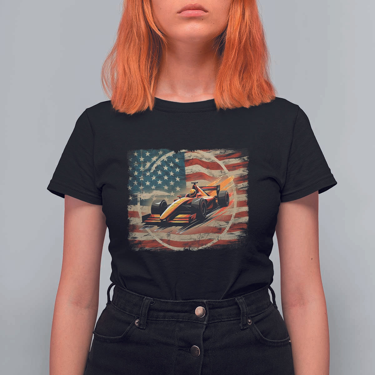 Racing Car T Shirt For Women Patriotic American Flag Race - Wonder Print Shop