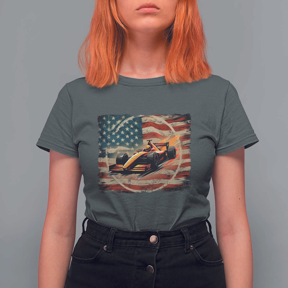 Racing Car T Shirt For Women Patriotic American Flag Race - Wonder Print Shop