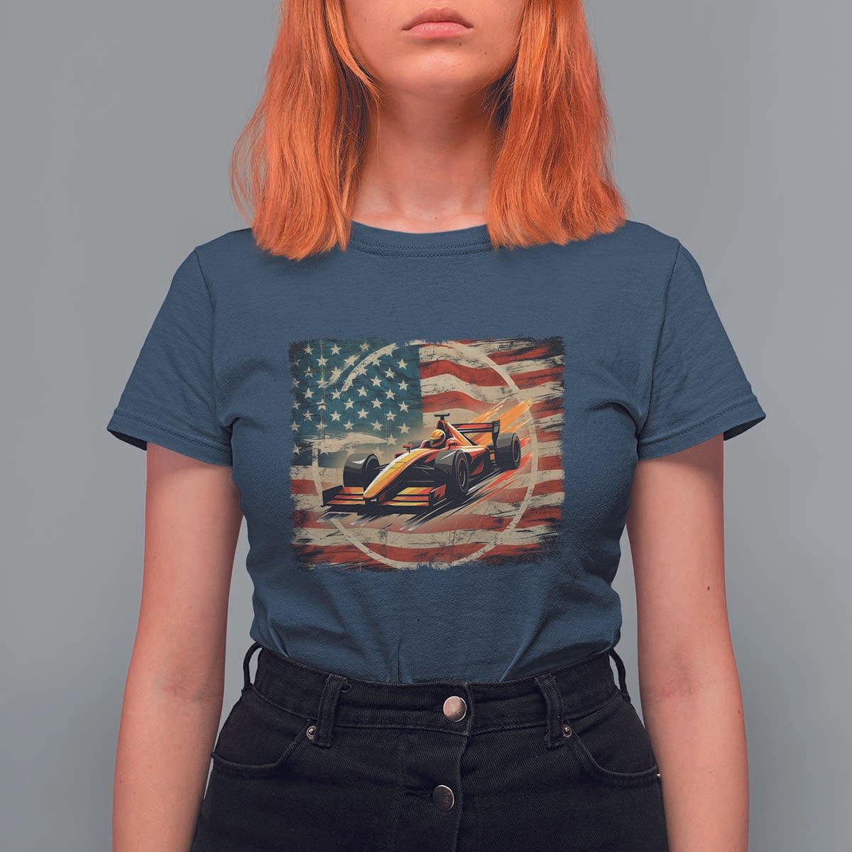 Racing Car T Shirt For Women Patriotic American Flag Race - Wonder Print Shop