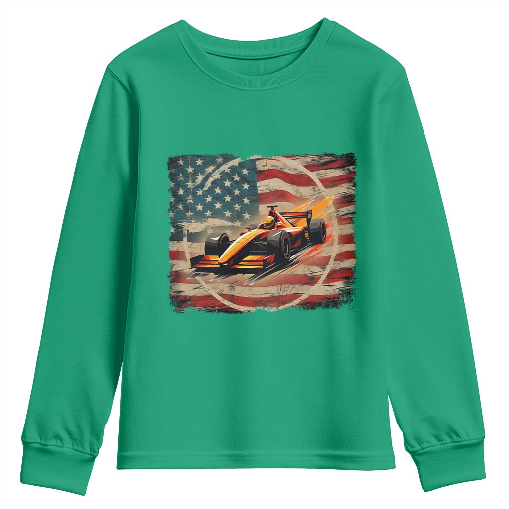 Racing Car Youth Sweatshirt Patriotic American Flag Race - Wonder Print Shop
