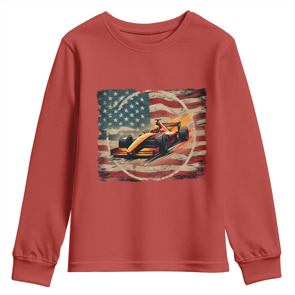 Racing Car Youth Sweatshirt Patriotic American Flag Race - Wonder Print Shop