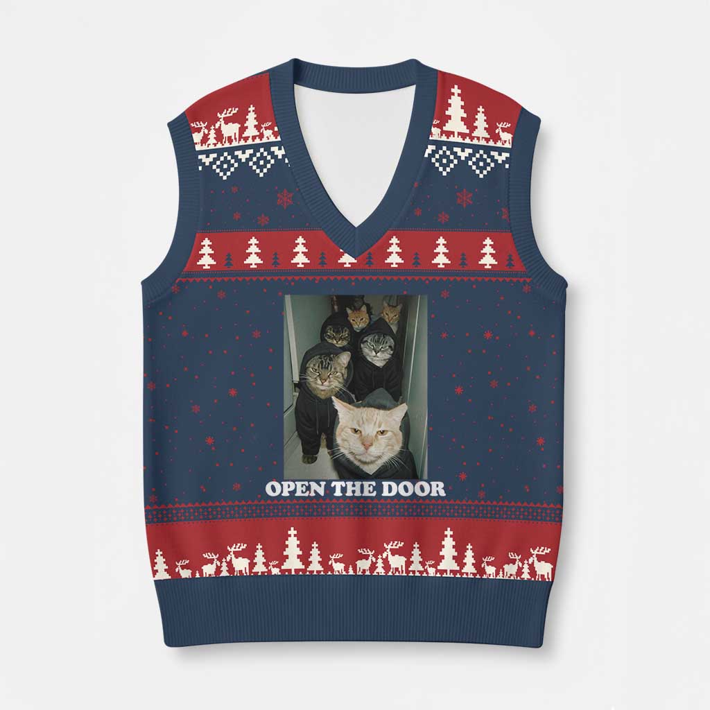 Open The Door Cats Lover V-Neck Knit Sweater Vest Funny Cat Gang Sarcastic Meme - Wonder Print Shop