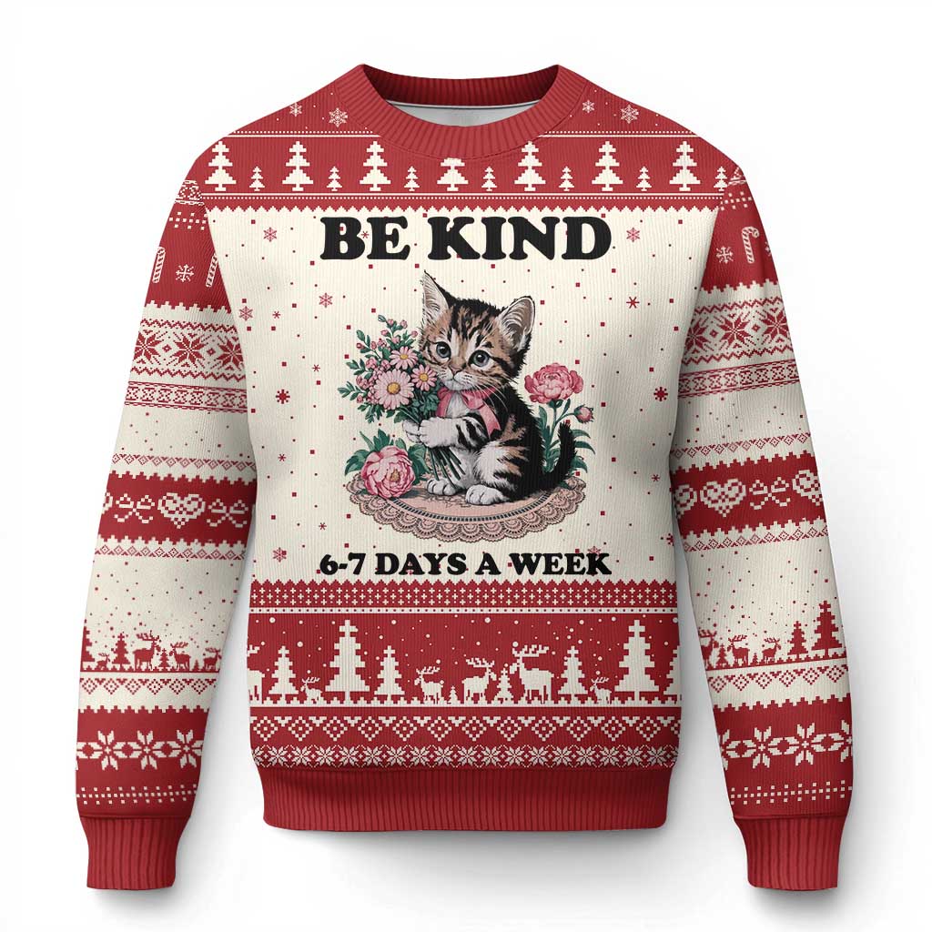 Be Kind 6 7 Days a Week Ugly Christmas Sweater Funny Six Seven Cat Teacher Meme - Wonder Print Shop