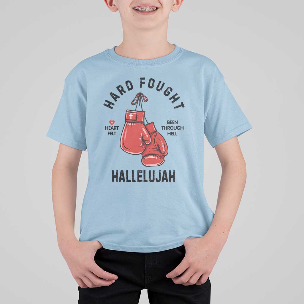 Hard Fought Hallelujah T Shirt For Kid Christian Boxing Gloves Bible Verse Faith - Wonder Print Shop