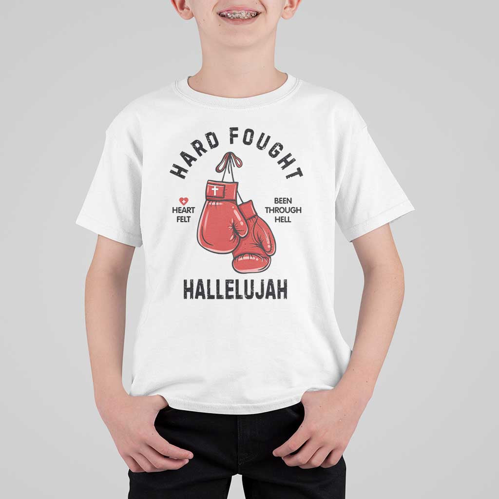Hard Fought Hallelujah T Shirt For Kid Christian Boxing Gloves Bible Verse Faith - Wonder Print Shop