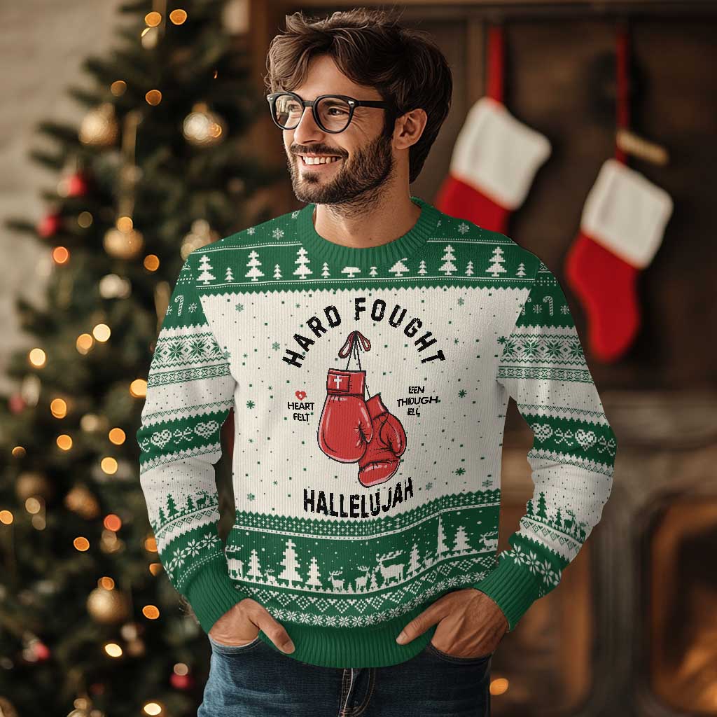 Hard Fought Hallelujah Ugly Christmas Sweater Christian Boxing Gloves Bible Verse Faith - Wonder Print Shop