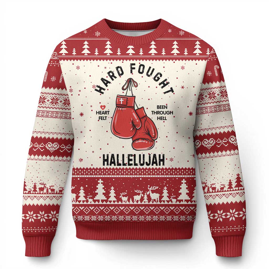 Hard Fought Hallelujah Ugly Christmas Sweater Christian Boxing Gloves Bible Verse Faith - Wonder Print Shop