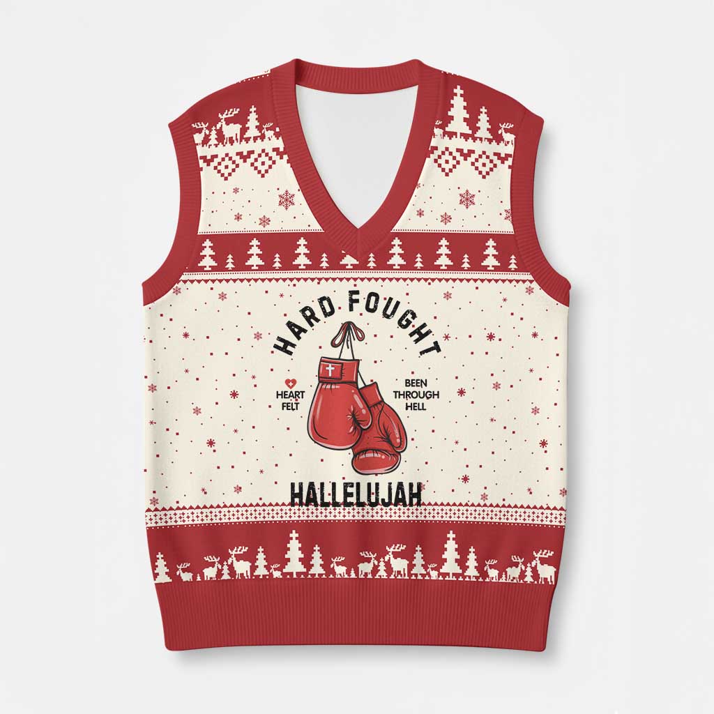 Hard Fought Hallelujah V-Neck Knit Sweater Vest Christian Boxing Gloves Bible Verse Faith - Wonder Print Shop