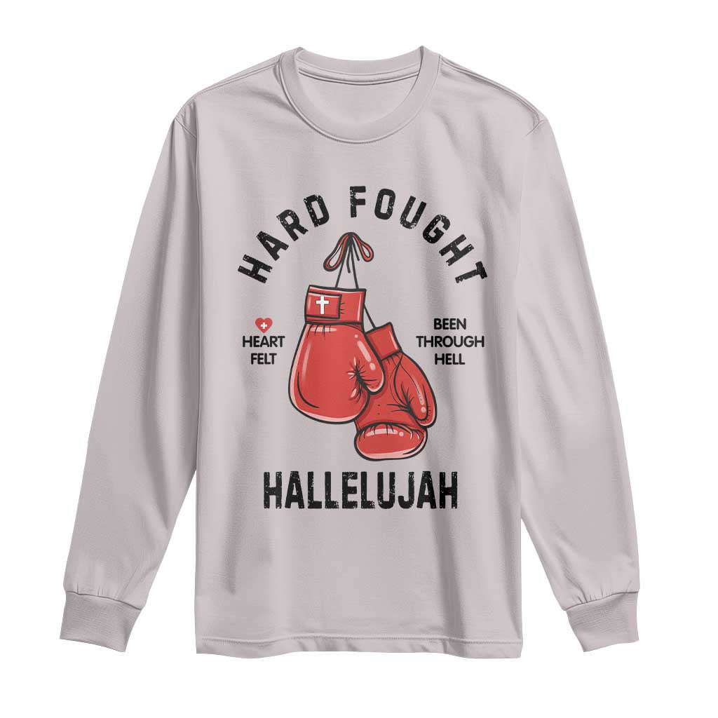 Hard Fought Hallelujah Long Sleeve Shirt Christian Boxing Gloves Bible Verse Faith - Wonder Print Shop