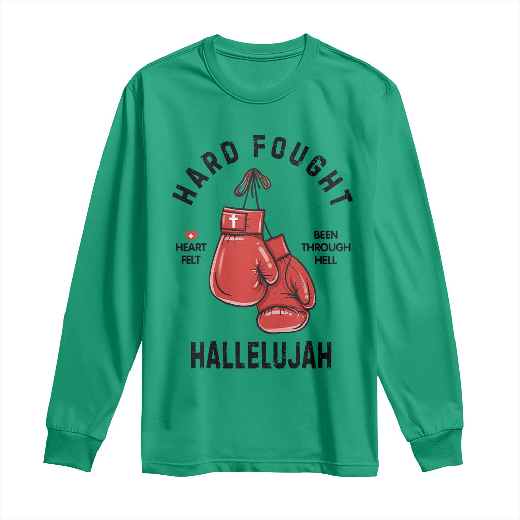 Hard Fought Hallelujah Long Sleeve Shirt Christian Boxing Gloves Bible Verse Faith - Wonder Print Shop