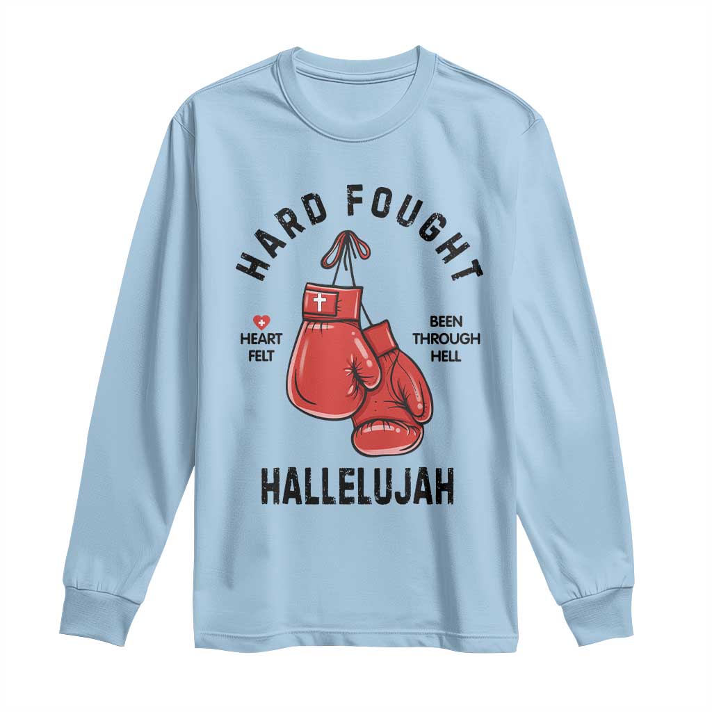 Hard Fought Hallelujah Long Sleeve Shirt Christian Boxing Gloves Bible Verse Faith - Wonder Print Shop