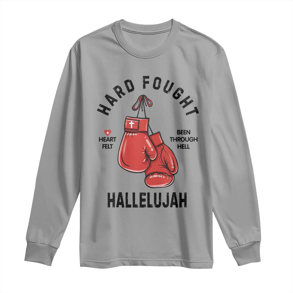 Hard Fought Hallelujah Long Sleeve Shirt Christian Boxing Gloves Bible Verse Faith - Wonder Print Shop