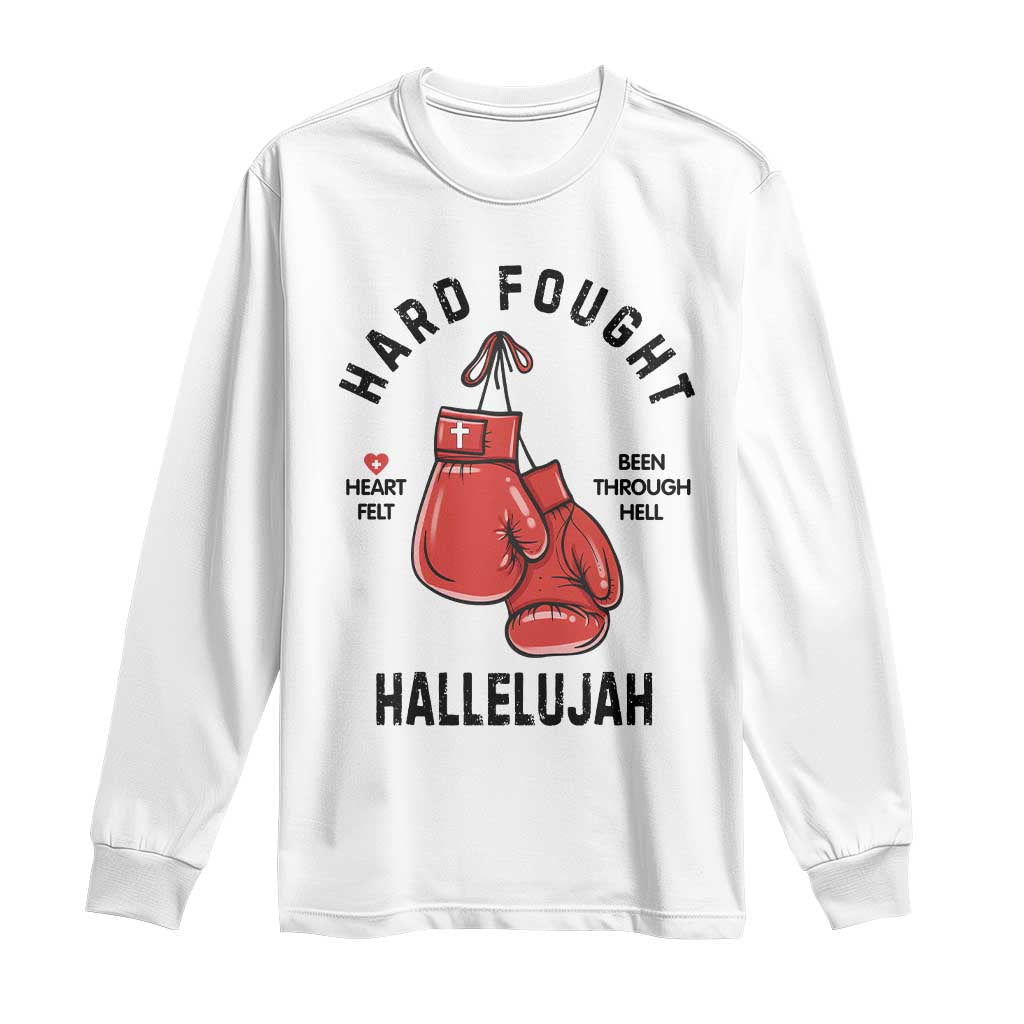 Hard Fought Hallelujah Long Sleeve Shirt Christian Boxing Gloves Bible Verse Faith - Wonder Print Shop