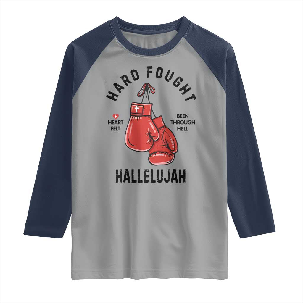 Hard Fought Hallelujah Raglan Shirt Christian Boxing Gloves Bible Verse Faith - Wonder Print Shop