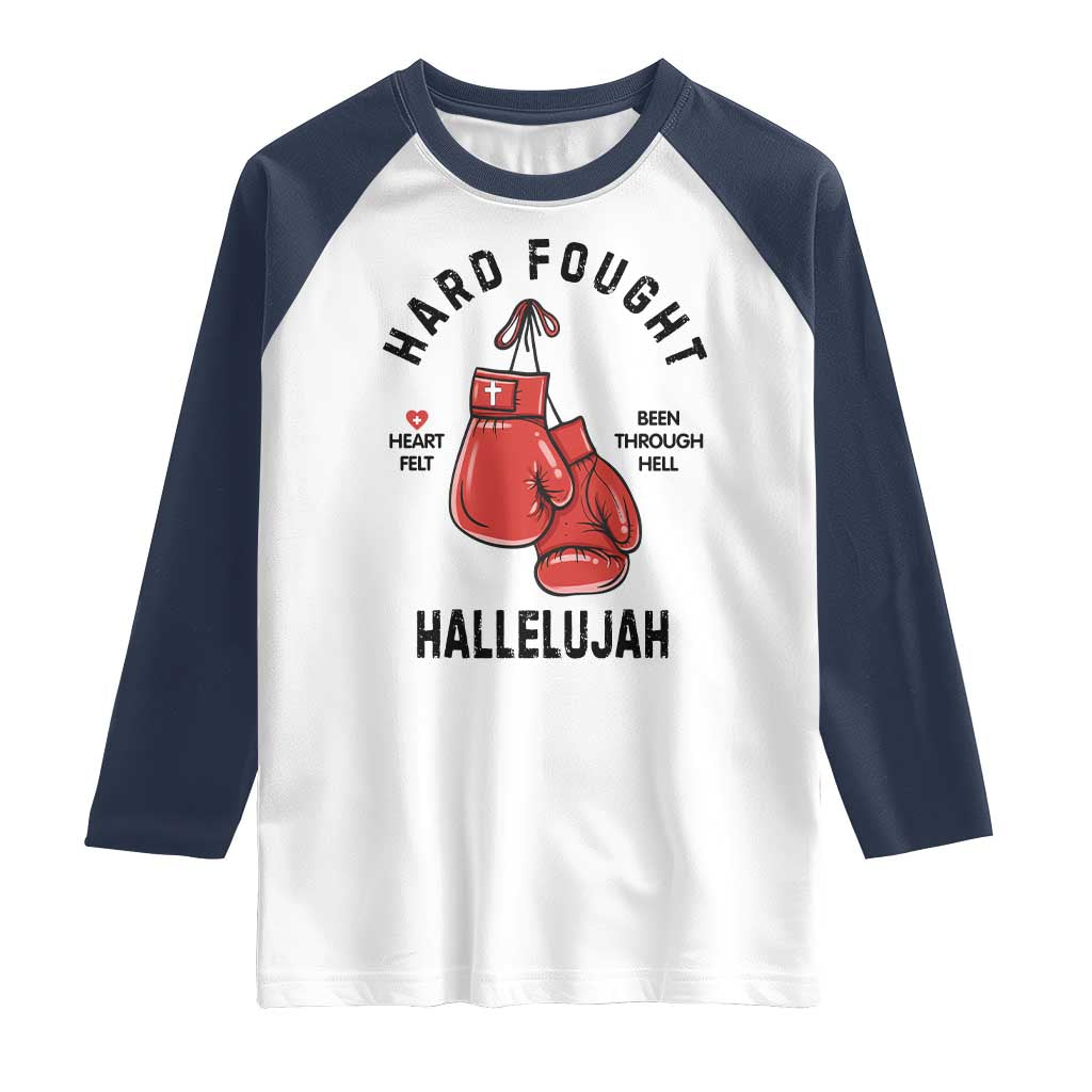 Hard Fought Hallelujah Raglan Shirt Christian Boxing Gloves Bible Verse Faith - Wonder Print Shop