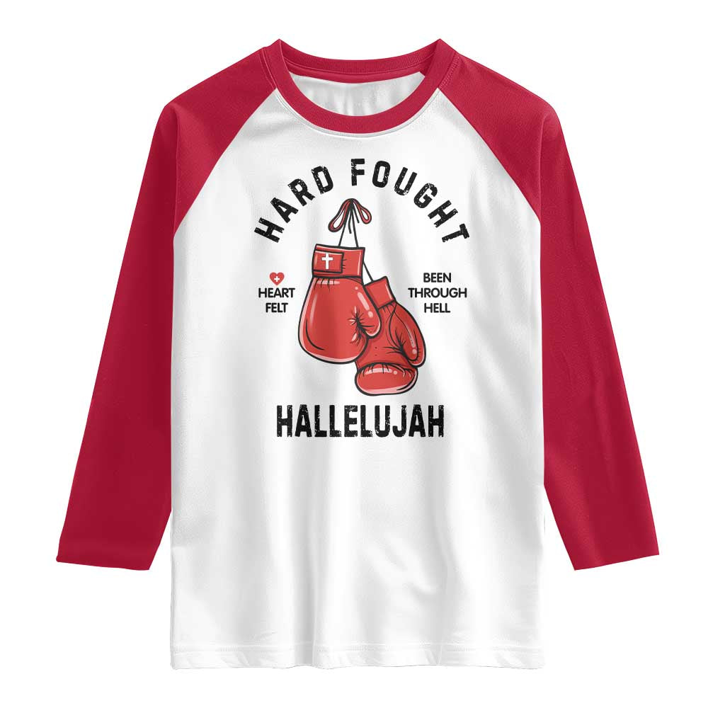 Hard Fought Hallelujah Raglan Shirt Christian Boxing Gloves Bible Verse Faith - Wonder Print Shop