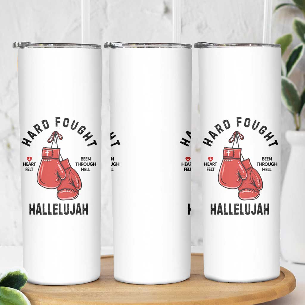 Hard Fought Hallelujah Skinny Tumbler Christian Boxing Gloves Bible Verse Faith - Wonder Print Shop
