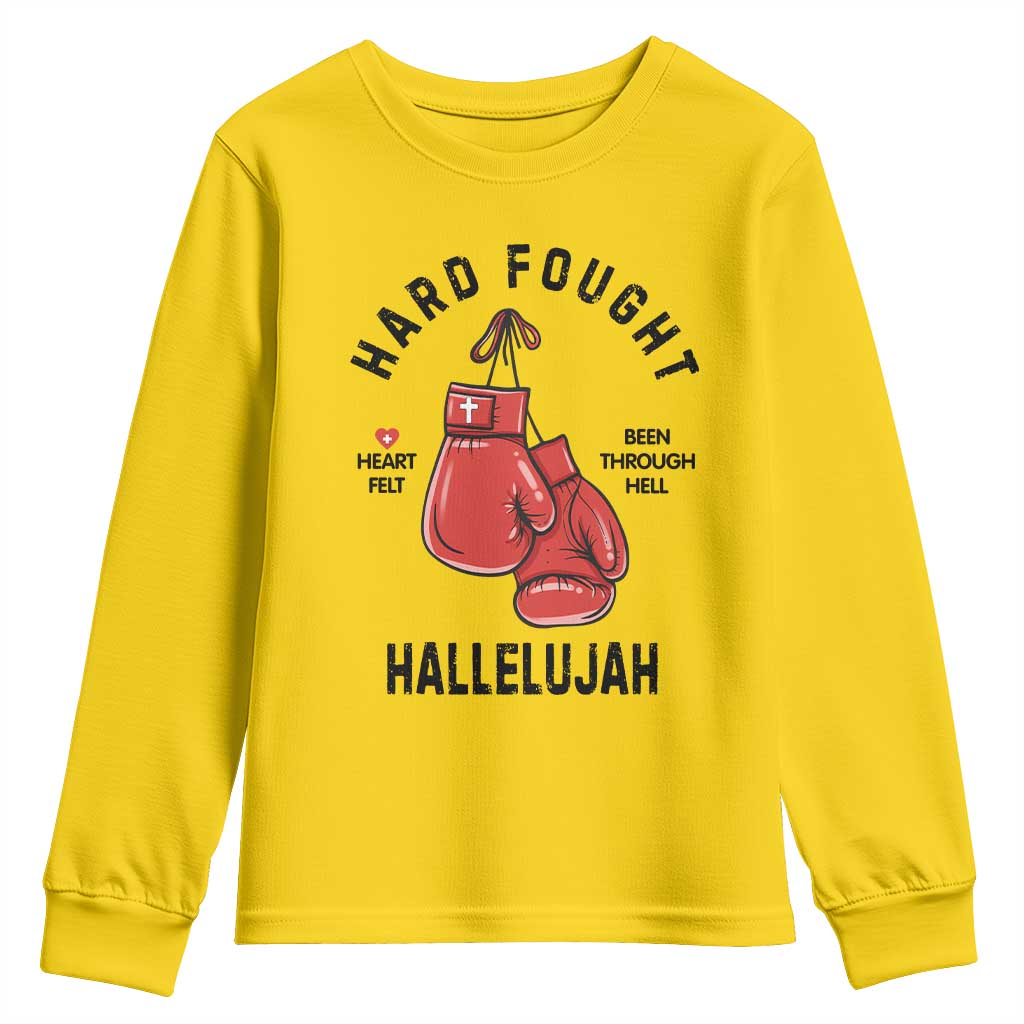 Hard Fought Hallelujah Youth Sweatshirt Christian Boxing Gloves Bible Verse Faith - Wonder Print Shop