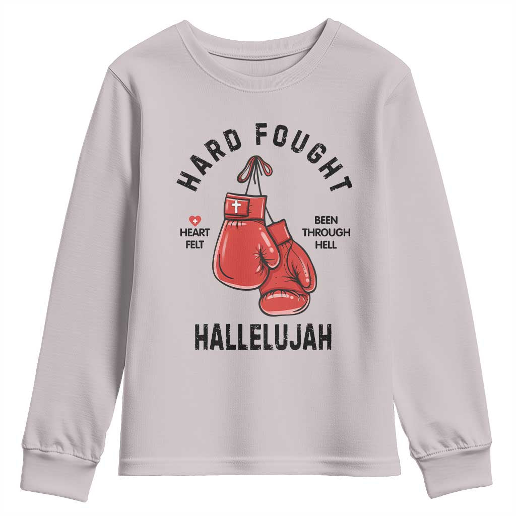 Hard Fought Hallelujah Youth Sweatshirt Christian Boxing Gloves Bible Verse Faith - Wonder Print Shop