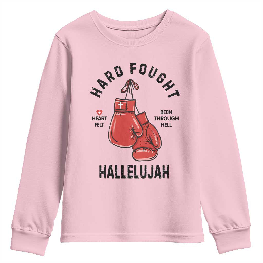 Hard Fought Hallelujah Youth Sweatshirt Christian Boxing Gloves Bible Verse Faith - Wonder Print Shop