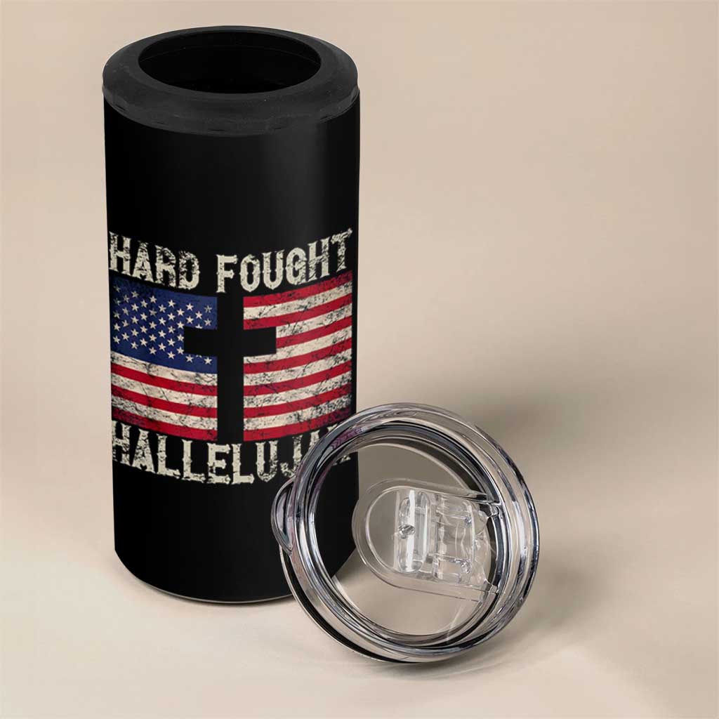 Hard Fought Hallelujah 4 in 1 Can Cooler Tumbler Patriotic Christian Faith American Flag - Wonder Print Shop